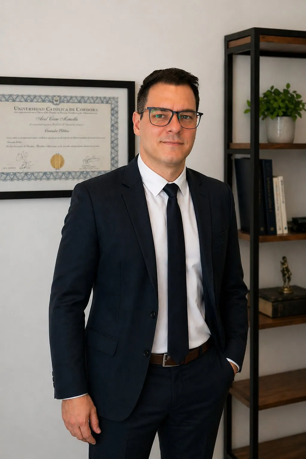 Cr. Ariel Mansilla en su estudio profesional, con el diploma de la Universidad Católica de Córdoba al fondo.