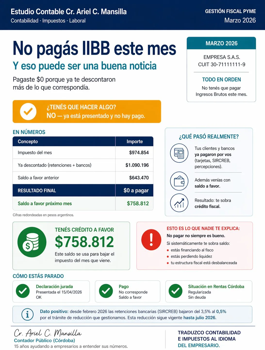 Vista previa del informe mensual de Ingresos Brutos que reciben los clientes del estudio.